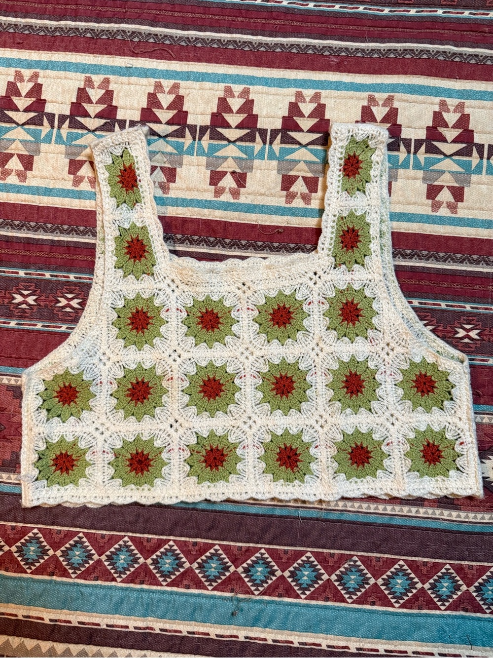 Handmade Crochet Green and Cream Square-Pattern Tank Top small - Picture 3 of 4